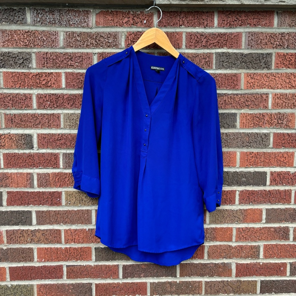 Express Royal Blue Chiffon Sheer Silver Metal Stud Button Blouse Top